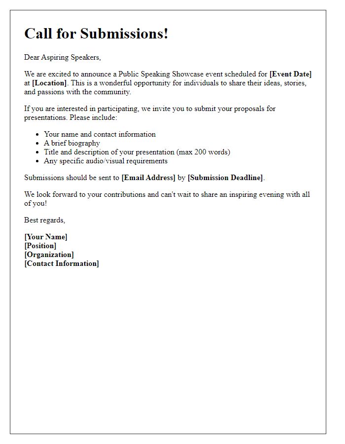 Letter template of call for submissions for a public speaking showcase event