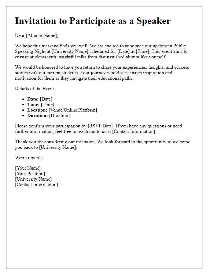 Letter template of invitation for alumni speakers at a university public speaking night