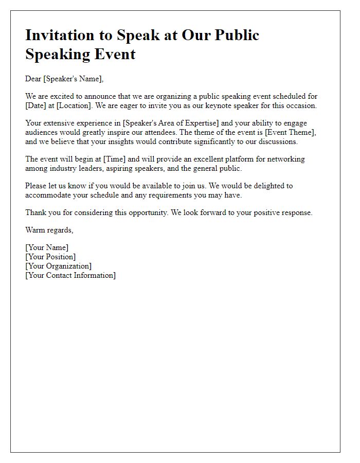 Letter template of invitation for a keynote speaker at a public speaking event