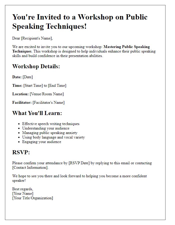 Letter template of invitation for a workshop on public speaking techniques