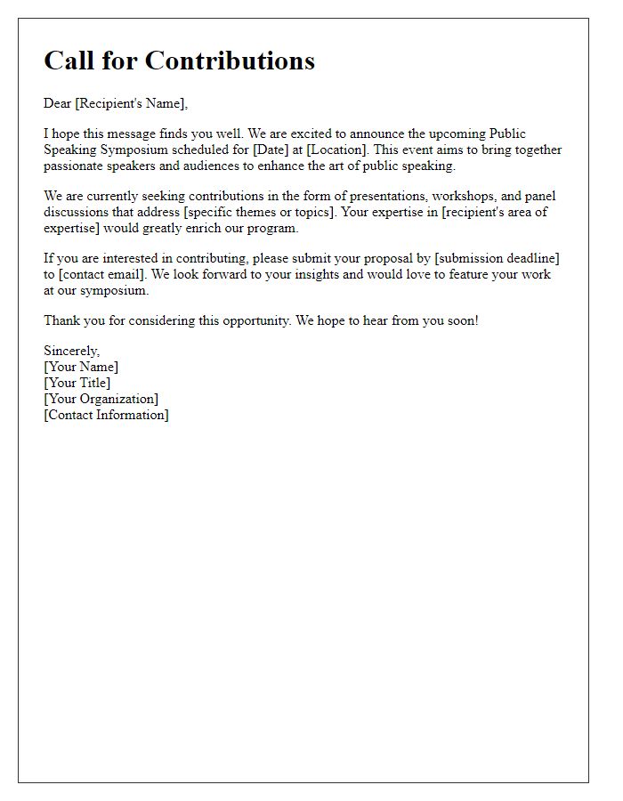 Letter template of request for contributions to a public speaking symposium