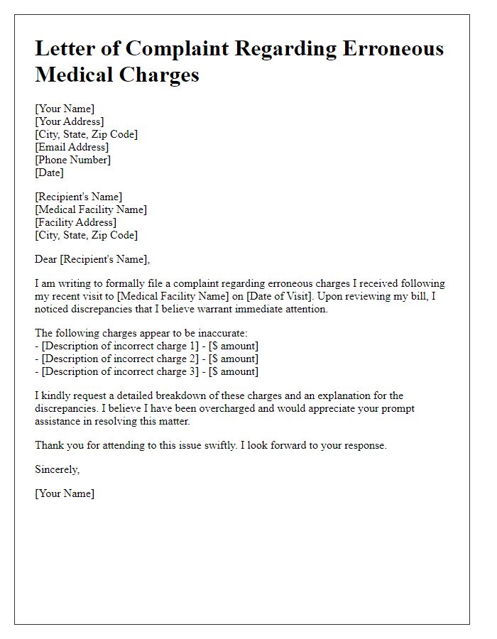 Letter template of filing a complaint regarding erroneous medical charges.