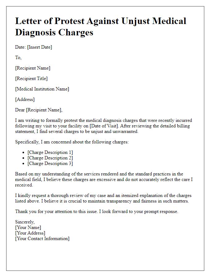 Letter template of protesting unjust medical diagnosis charges.