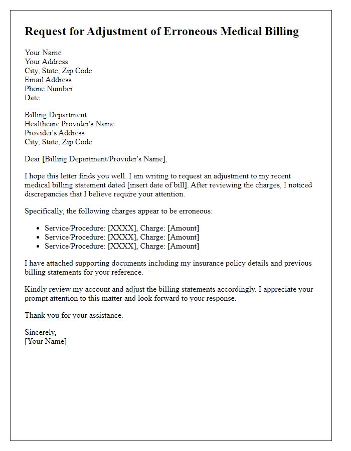 Letter template of requesting adjustment for erroneous medical billing.