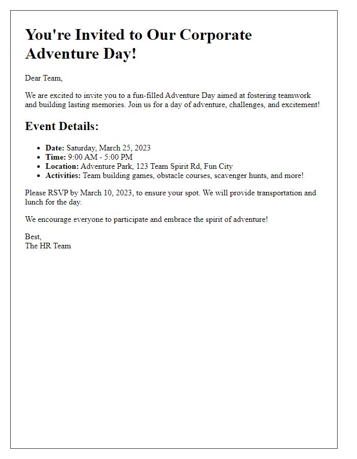 Letter template of team outing event invitation for a corporate adventure day