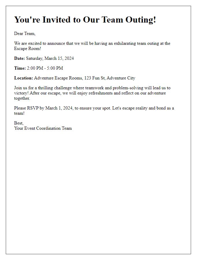 Letter template of team outing event invitation for an escape room challenge