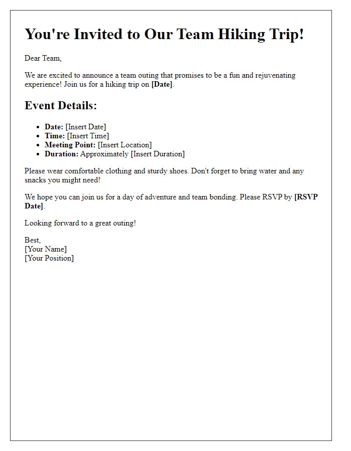 Letter template of team outing event invitation for a group hiking trip