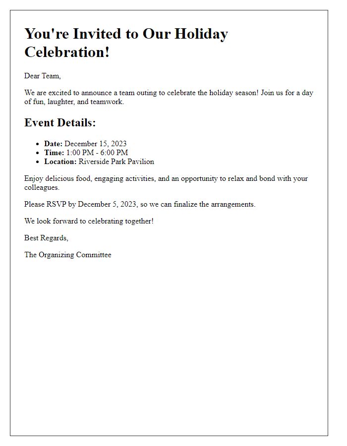 Letter template of team outing event invitation for a holiday celebration