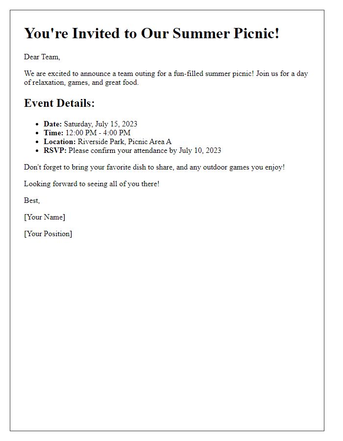 Letter template of team outing event invitation for a summer picnic