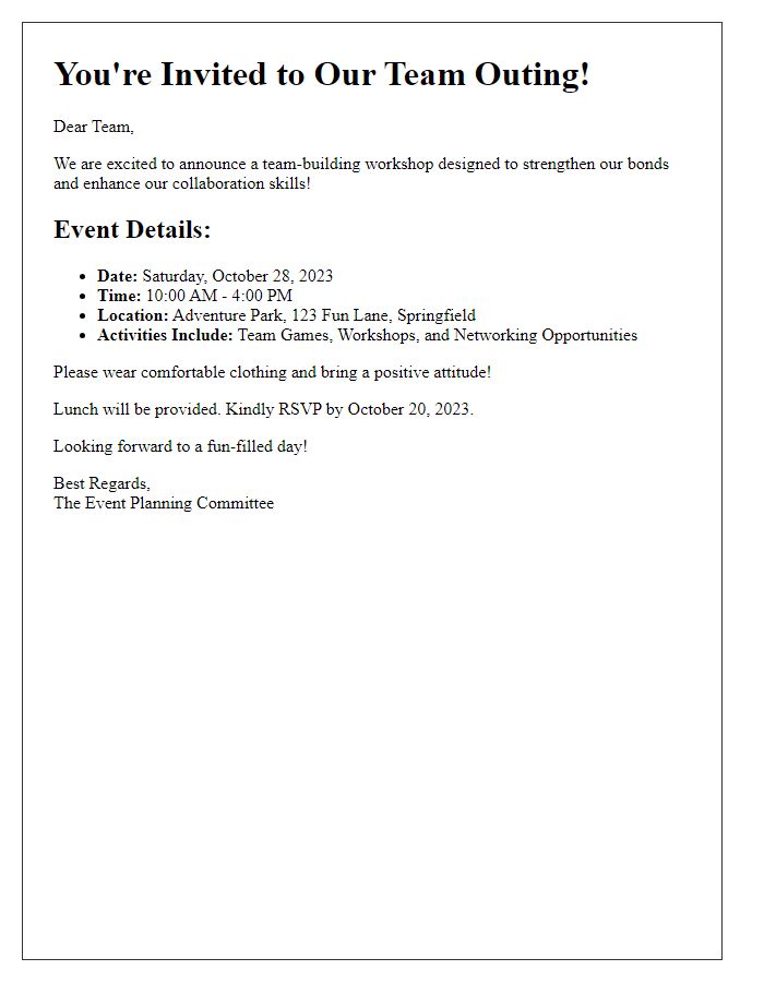 Letter template of team outing event invitation for a team-building workshop