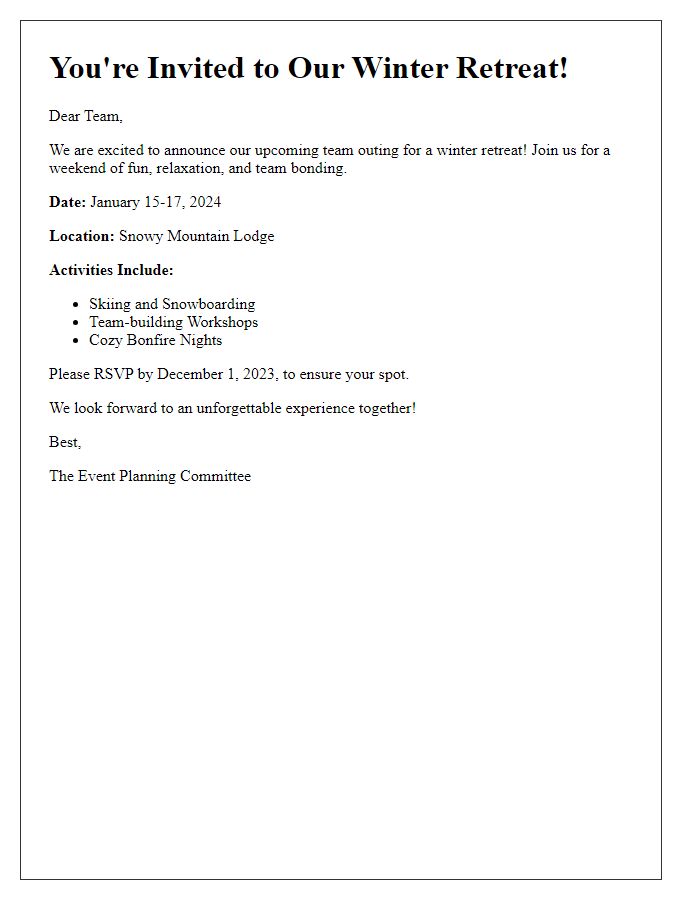 Letter template of team outing event invitation for a winter retreat