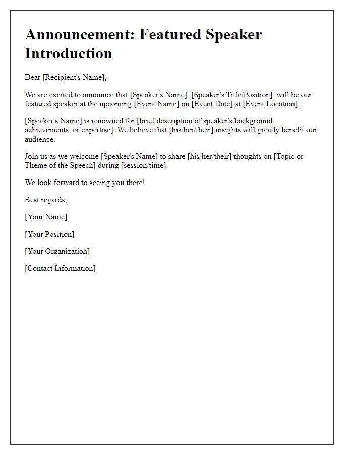 Letter template of Announcement for Featured Speaker Introduction