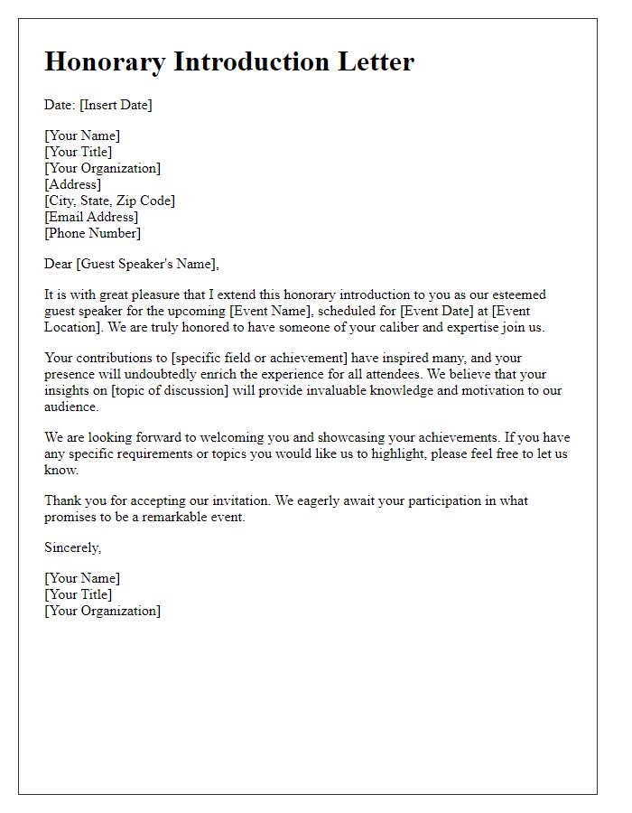 Letter template of Honorary Introduction for an Event Guest Speaker