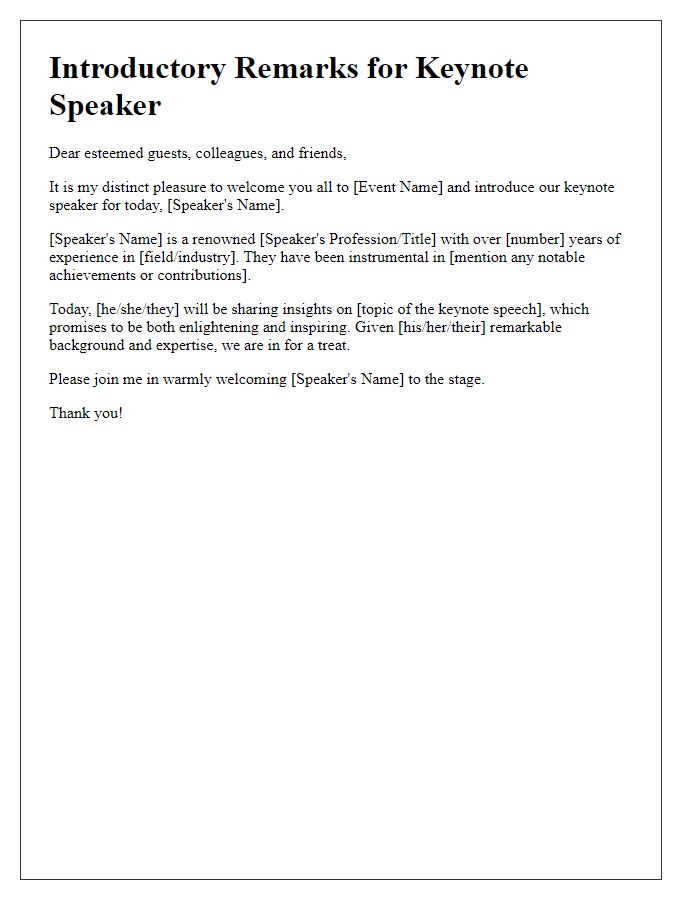 Letter template of Introductory Remarks for a Keynote Speaker