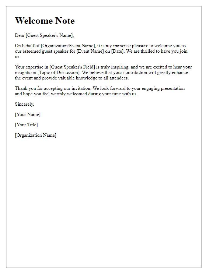 Letter template of Welcome Note for Guest Speaker at an Event