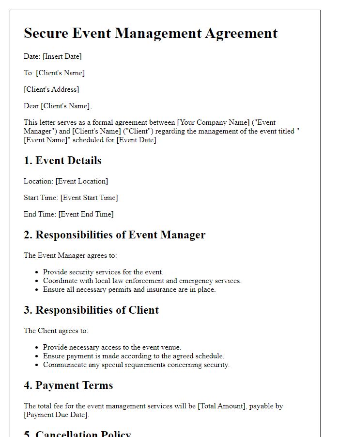 Letter template of secure event management agreement