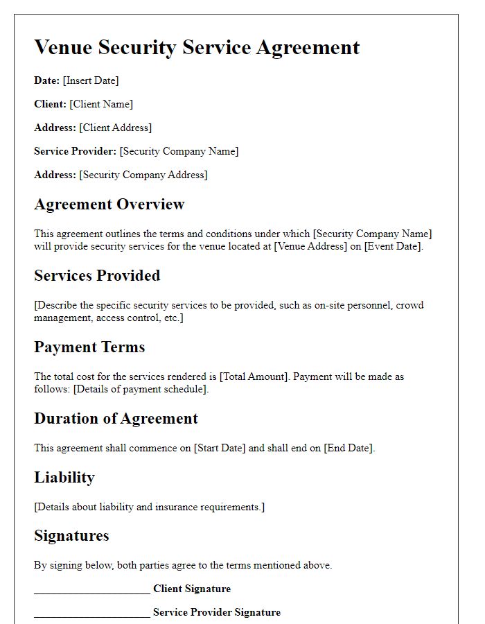 Letter template of venue security service agreement