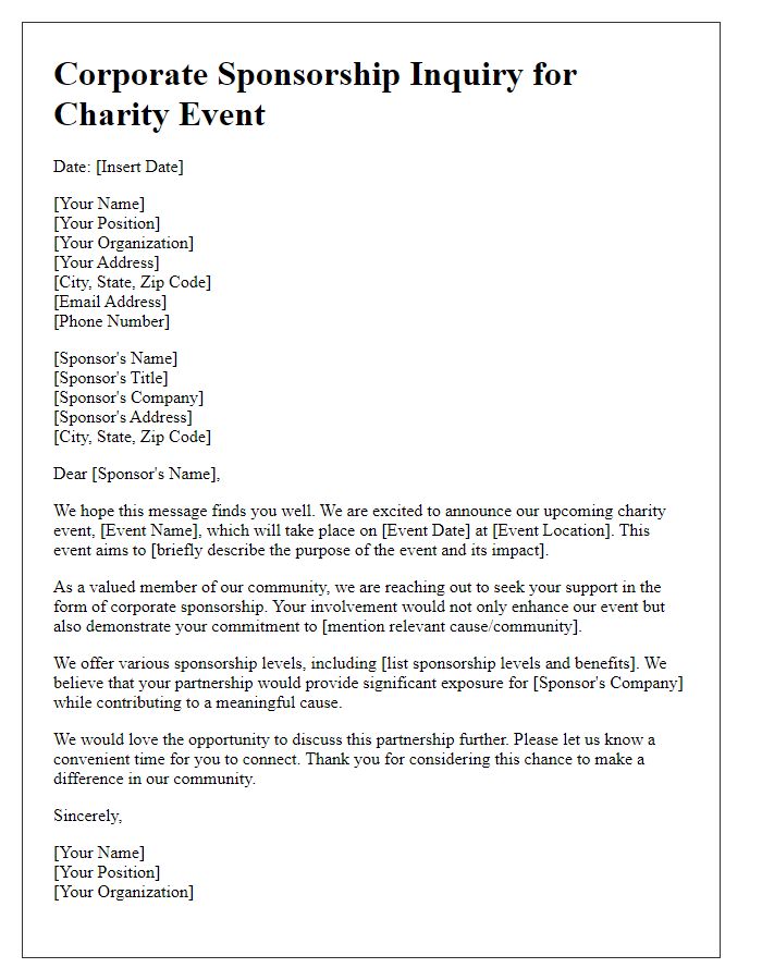 Letter template of Corporate Sponsorship Inquiry for Charity Event