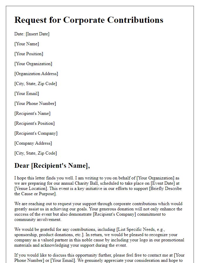 Letter template of Request for Corporate Contributions to Charity Ball