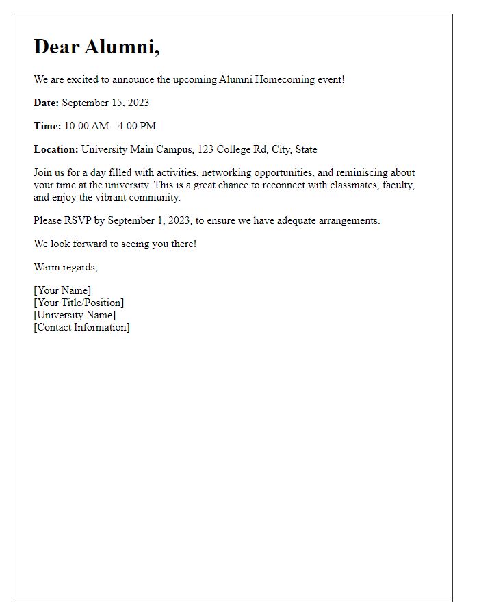 Letter template of alumni homecoming notice