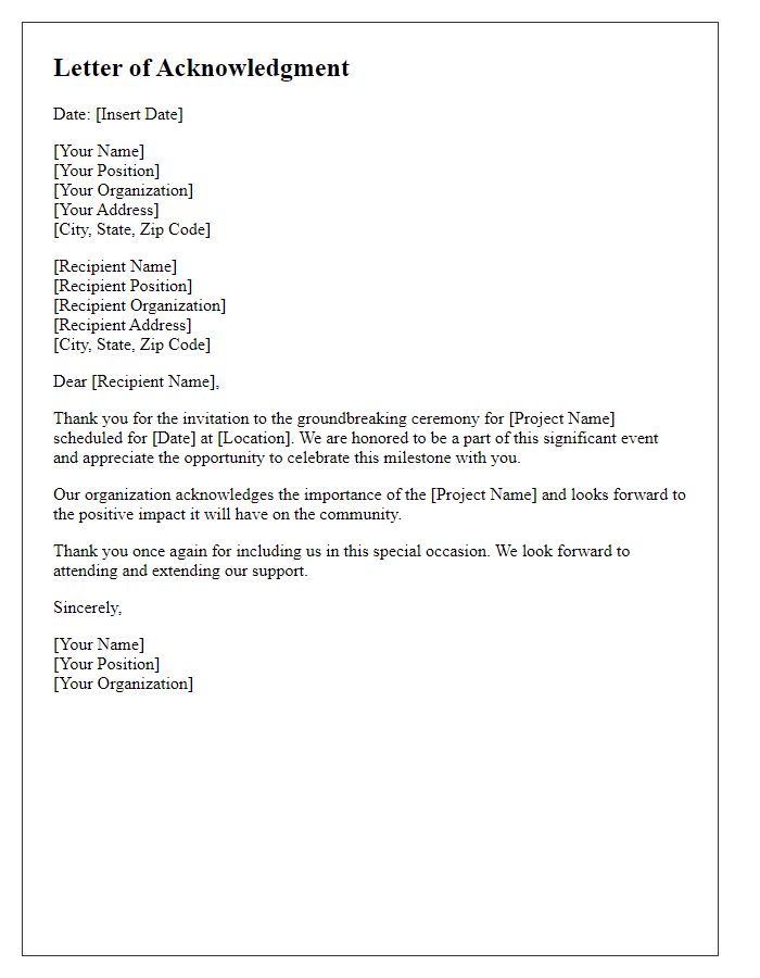 Letter template of Acknowledgment of Groundbreaking Ceremony Invitation