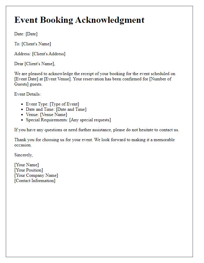 Letter template of Acknowledgment for Event Booking