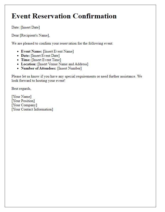 Letter template of Confirmation of Event Reservation