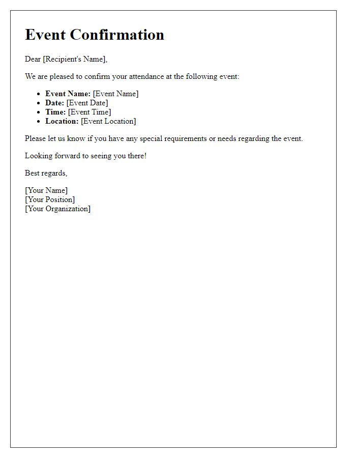 Letter template of Confirmation for Scheduled Event