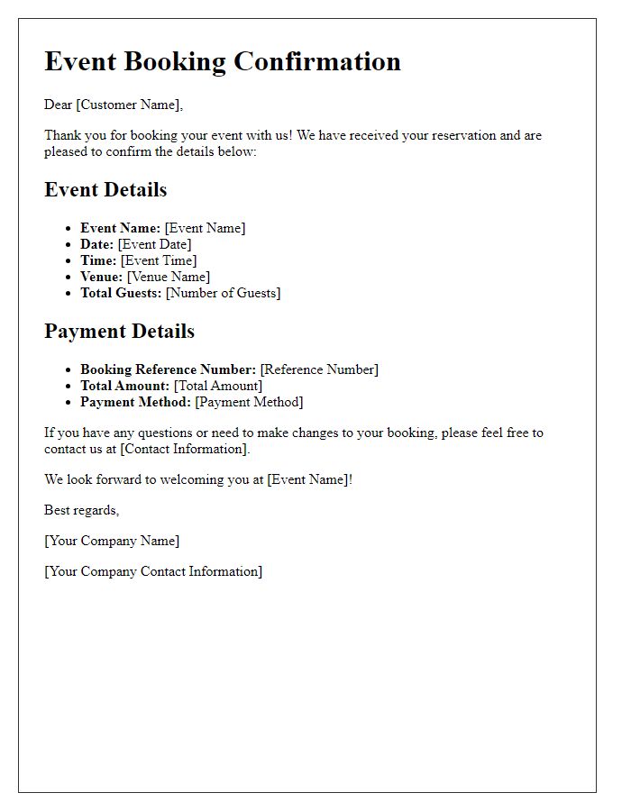 Letter template of Event Booking Confirmation Receipt