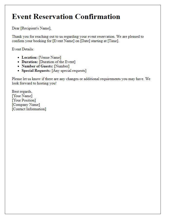 Letter template of Event Reservation Confirmation Response