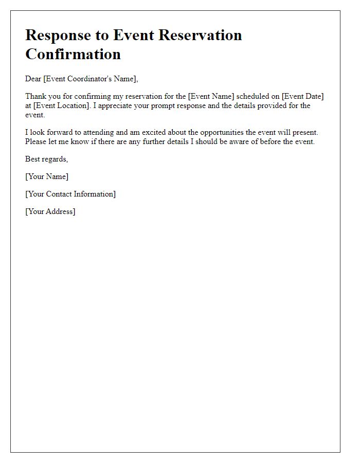 Letter template of Response to Event Reservation Confirmation