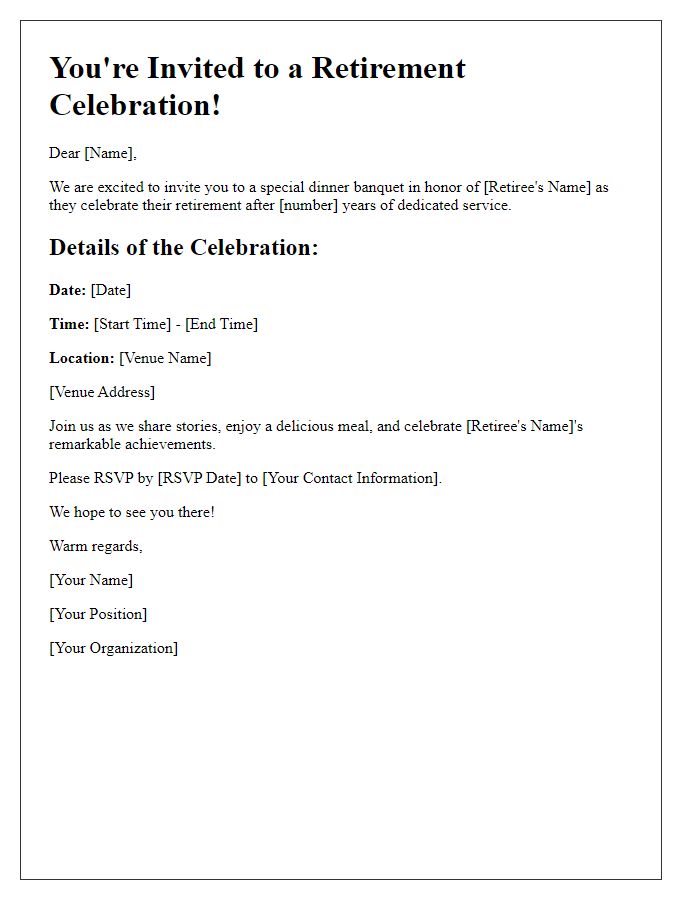 Letter template of retirement celebration invitation for a dinner banquet