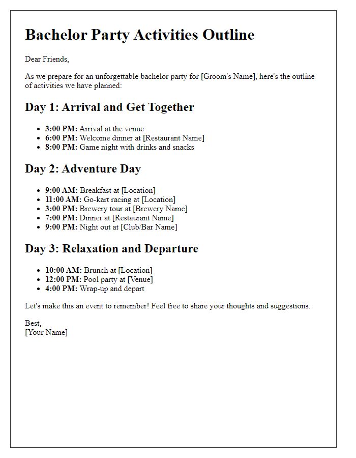 Letter template of bachelor party activities outline