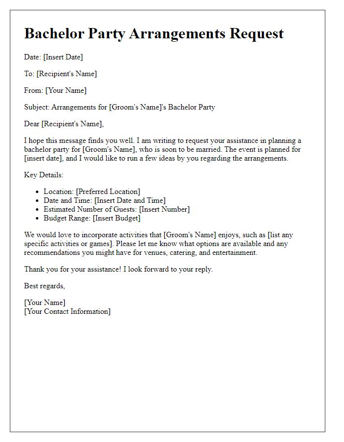 Letter template of bachelor party arrangements request