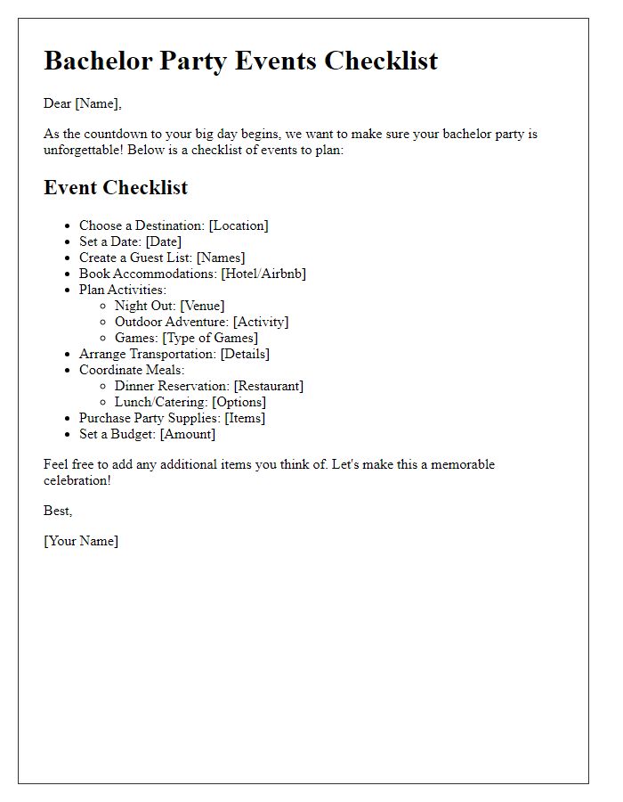 Letter template of bachelor party events checklist