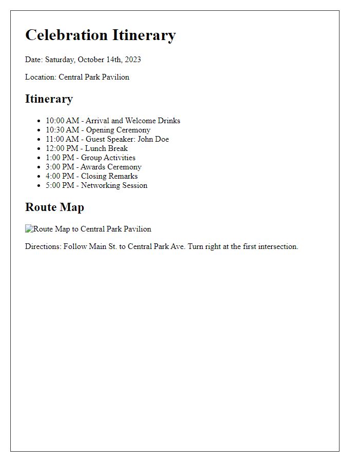 Letter template of celebration itinerary and route map