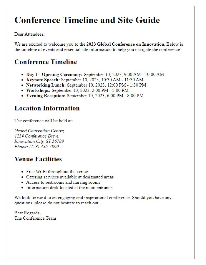 Letter template of conference timeline and site guide