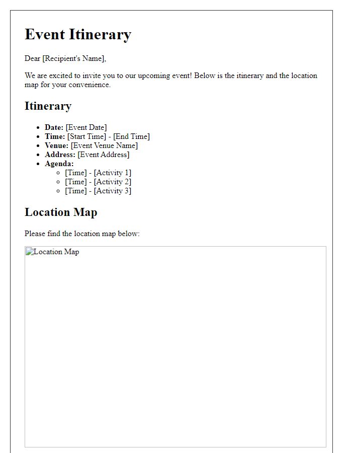 Letter template of event itinerary and location map