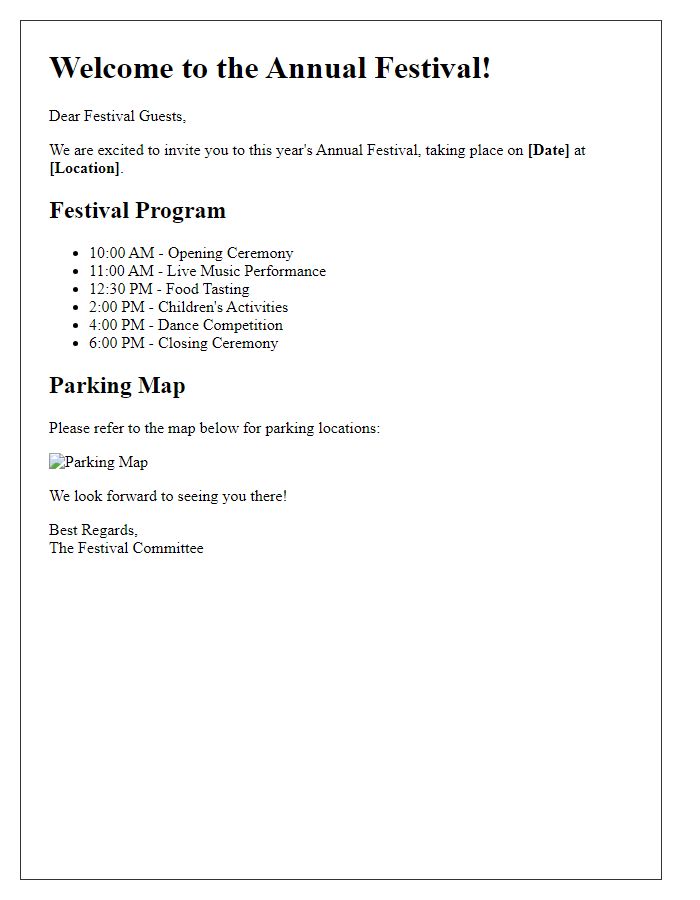 Letter template of festival program and parking map