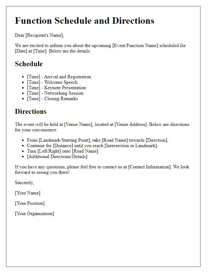 Letter template of function schedule and directions