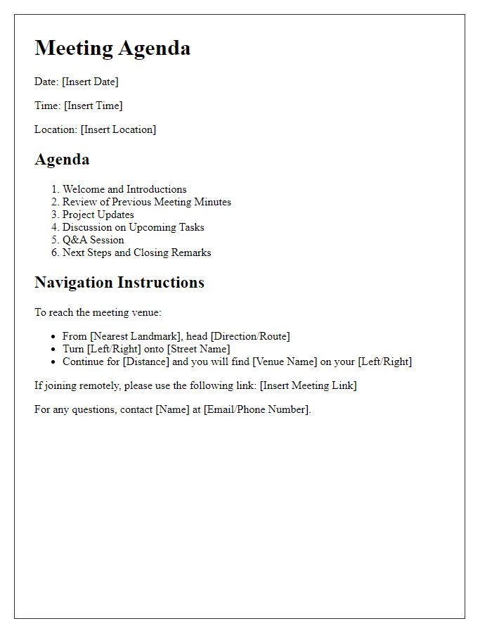 Letter template of meeting agenda and navigation instructions