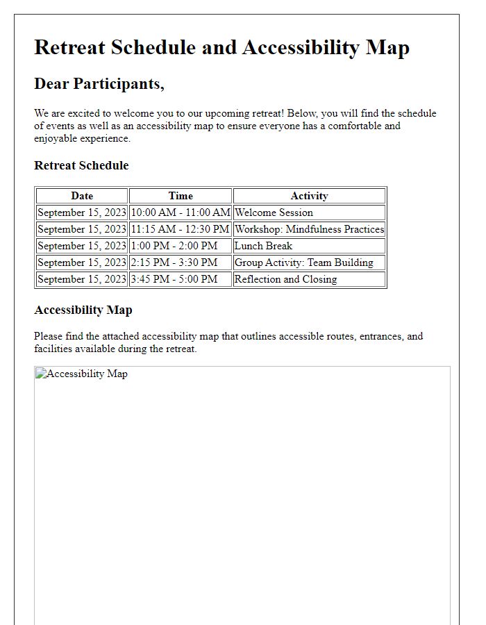 Letter template of retreat schedule and accessibility map