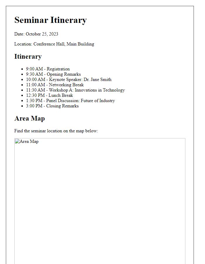 Letter template of seminar itinerary and area map