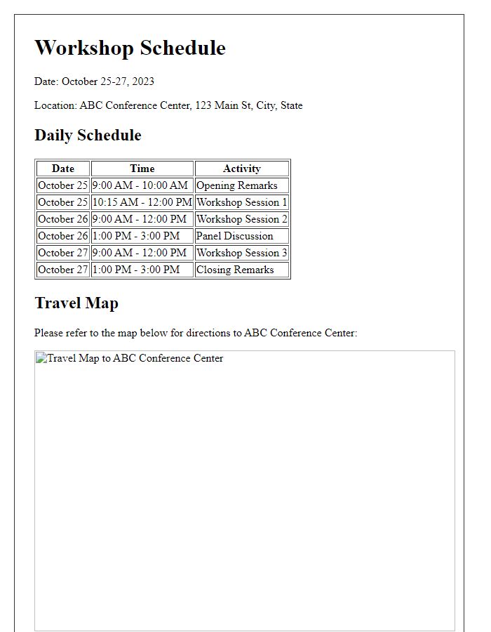 Letter template of workshop schedule and travel map