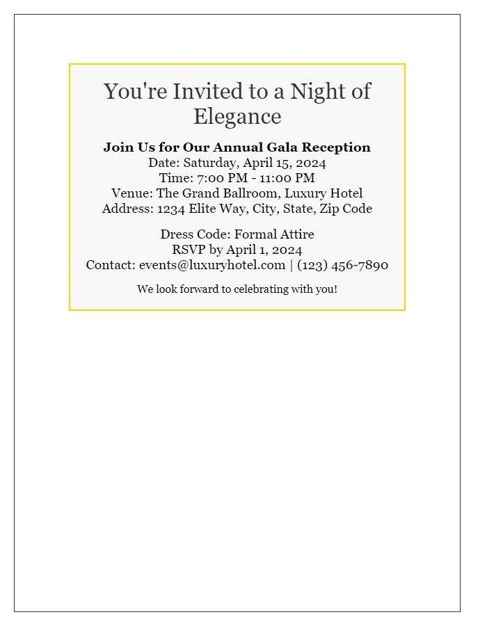 Letter template of luxurious hotel gala reception invitation