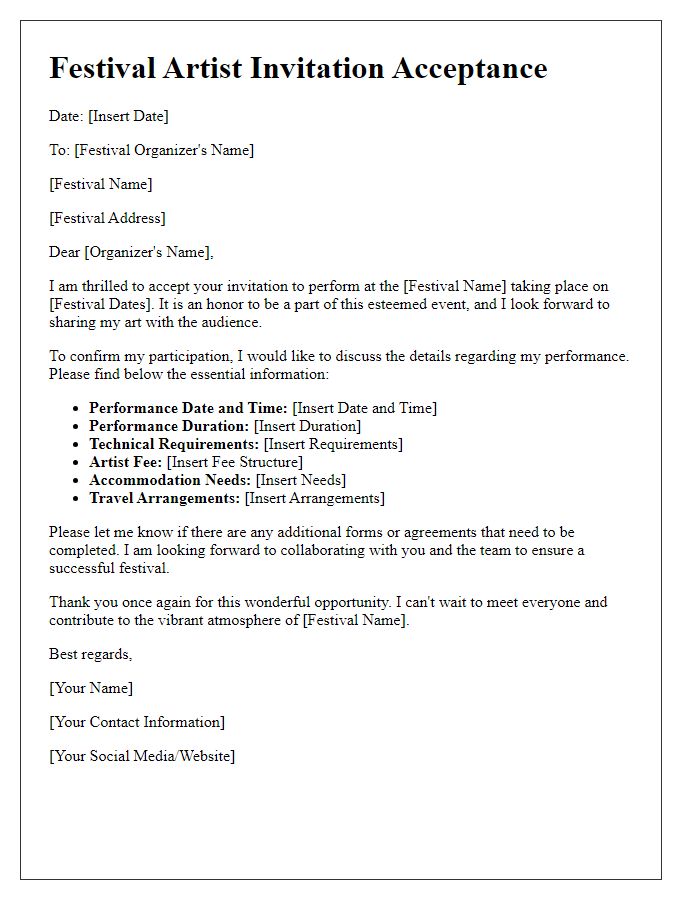 Letter template of festival artist invitation acceptance - Detailed Acceptance