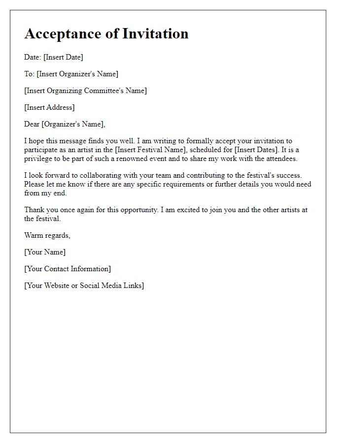 Letter template of festival artist invitation acceptance - Formal Response