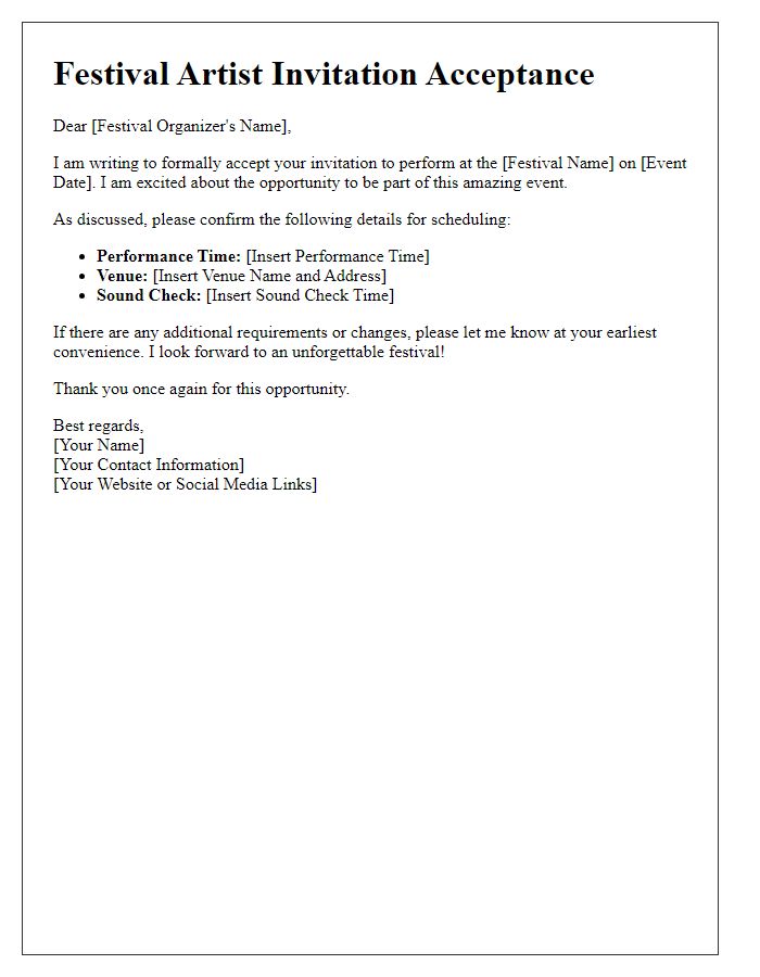 Letter template of festival artist invitation acceptance - Scheduling Confirmation