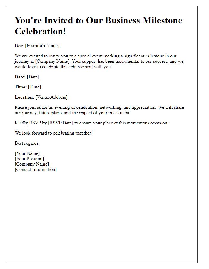 Letter template of business milestone celebration invitation for investors