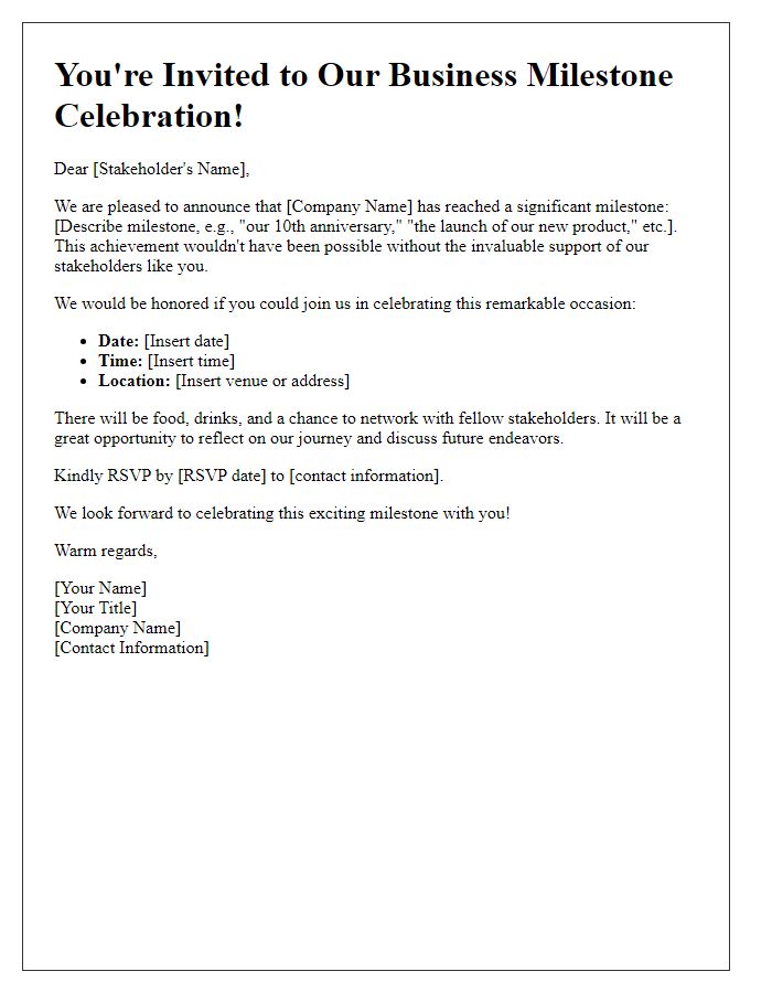 Letter template of business milestone celebration invitation for stakeholders